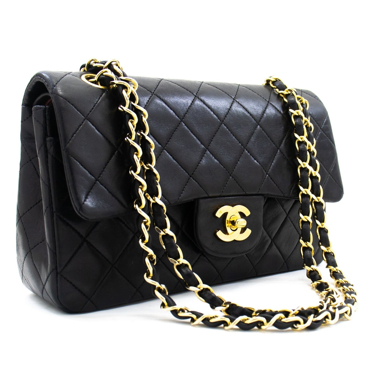 CHANEL Classic Double Flap 9" Chain Shoulder Bag Black Lambskin k65