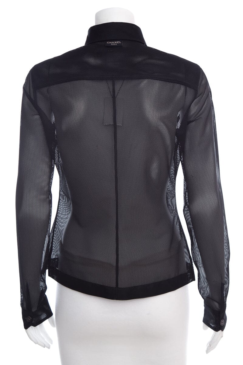 Chanel Black Button Up Net/Mesh Long Sleeve Blouse SZ 36