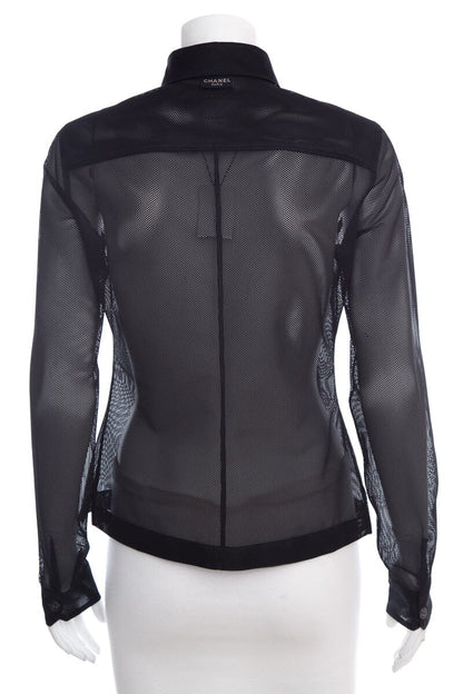 Chanel Black Button Up Net/Mesh Long Sleeve Blouse SZ 36