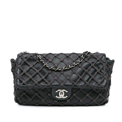 Black Chanel Jumbo Calfskin Canebiers Net Flap Shoulder Bag