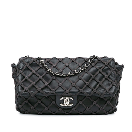 Black Chanel Jumbo Calfskin Canebiers Net Flap Shoulder Bag