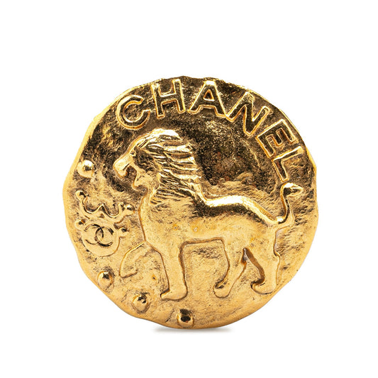 Gold Chanel Gold Plated CC Round Lion Brooch
