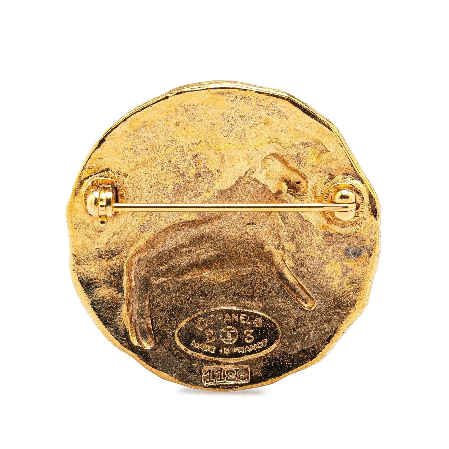 Gold Chanel Gold Plated CC Round Lion Brooch