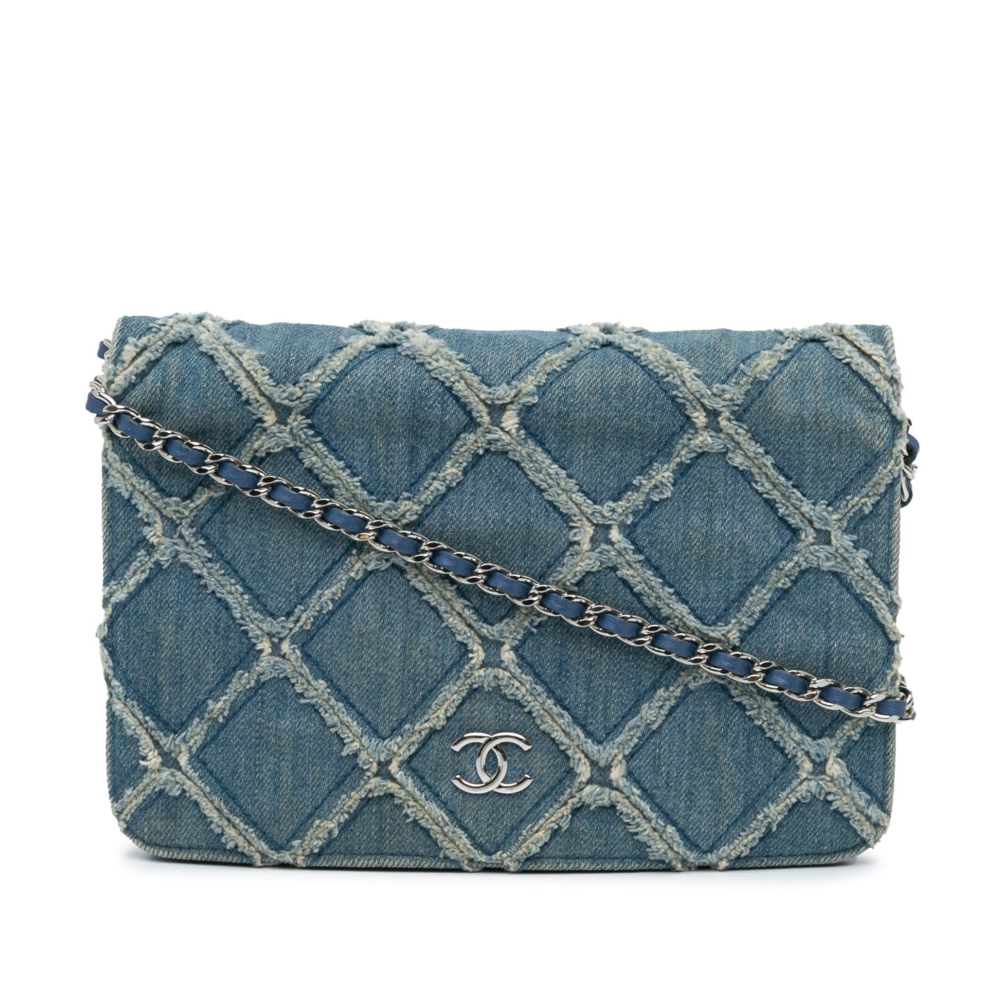 Blue Chanel Frayed Denim Wallet On Chain Crossbody Bag