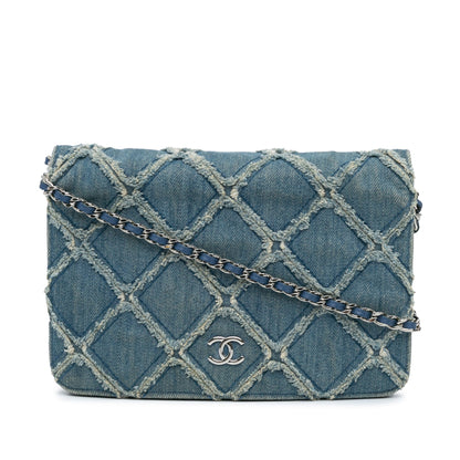 Blue Chanel Frayed Denim Wallet On Chain Crossbody Bag
