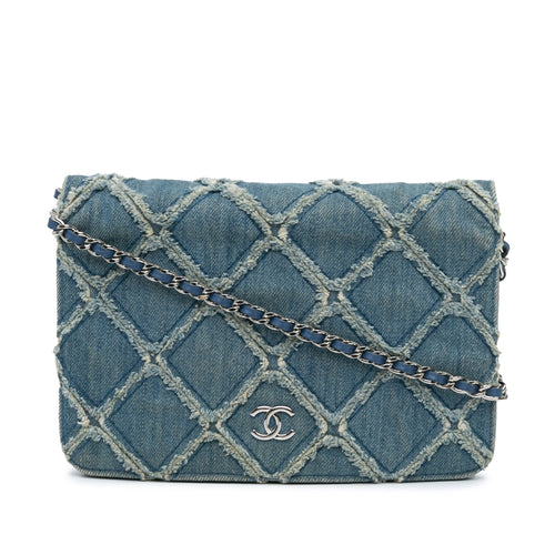 Blue Chanel Frayed Denim Wallet On Chain Crossbody Bag