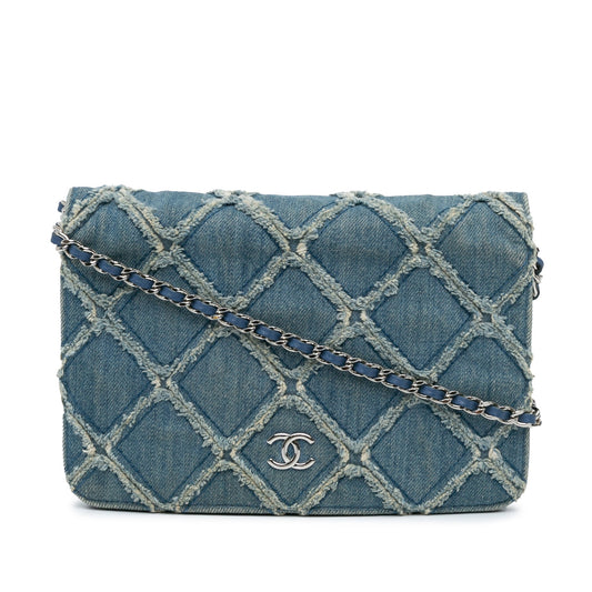 Blue Chanel Frayed Denim Wallet On Chain Crossbody Bag