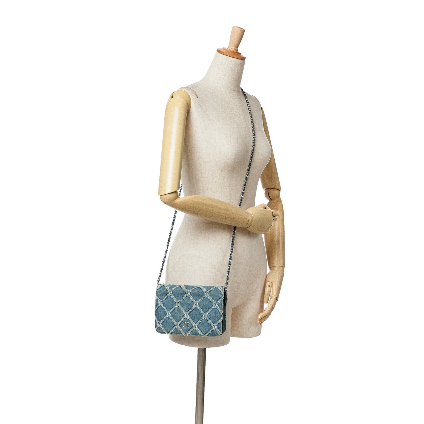 Blue Chanel Frayed Denim Wallet On Chain Crossbody Bag