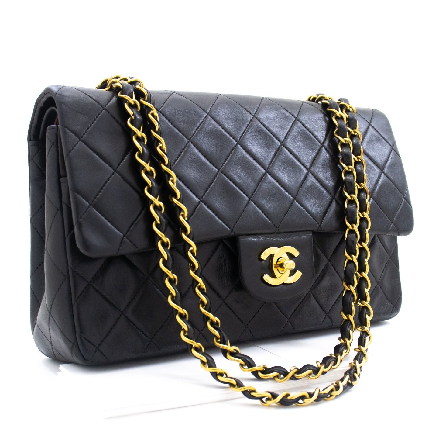 CHANEL Classic Double Flap 10" Chain Shoulder Bag Black Lambskin k77