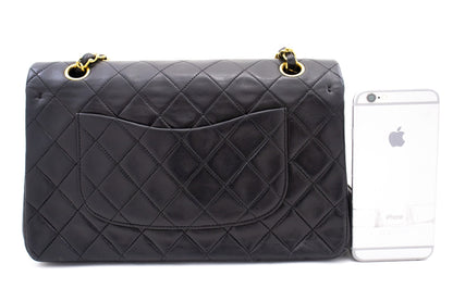 CHANEL Classic Double Flap 10" Chain Shoulder Bag Black Lambskin k77