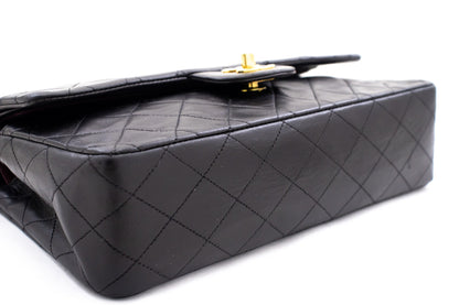 CHANEL Classic Double Flap 10" Chain Shoulder Bag Black Lambskin k77