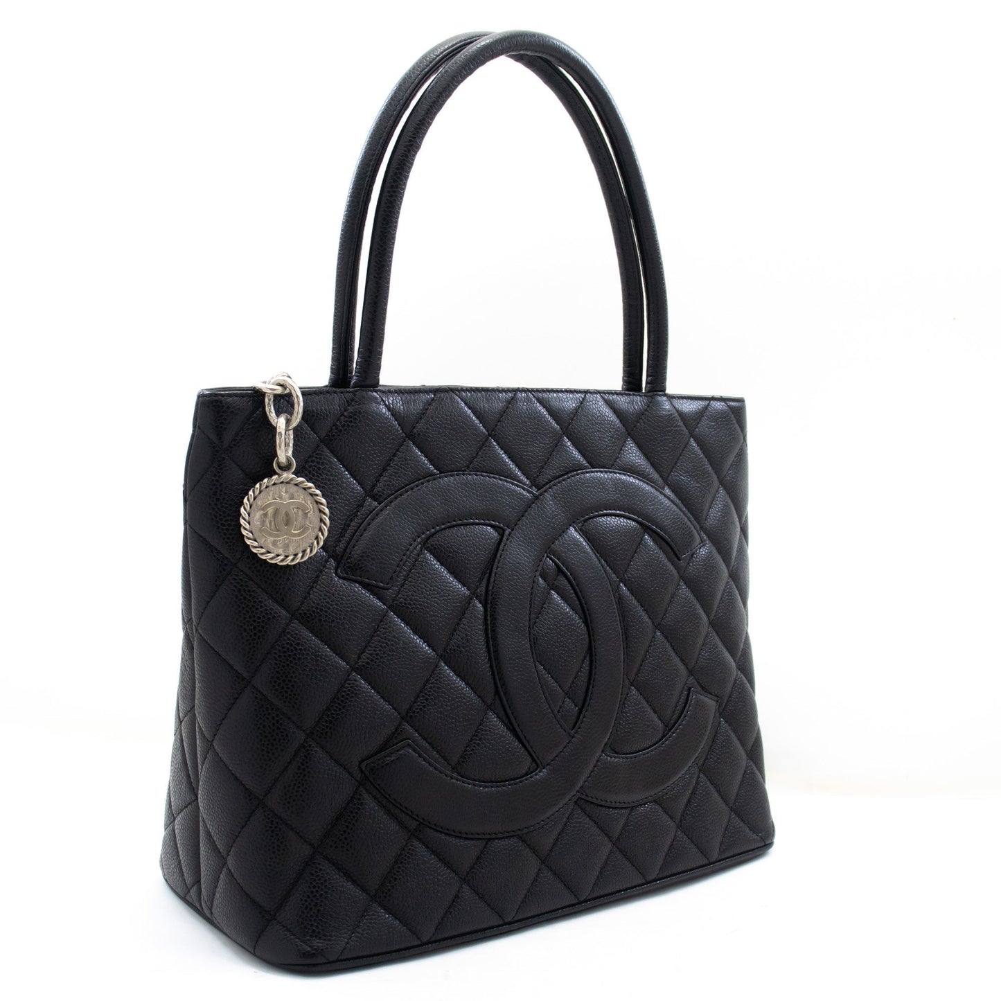 CHANEL Silver Medallion Caviar Shoulder Bag Shopping Tote Black SV k57