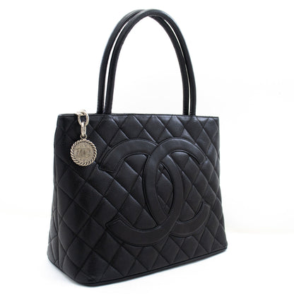 CHANEL Silver Medallion Caviar Shoulder Bag Shopping Tote Black SV k57