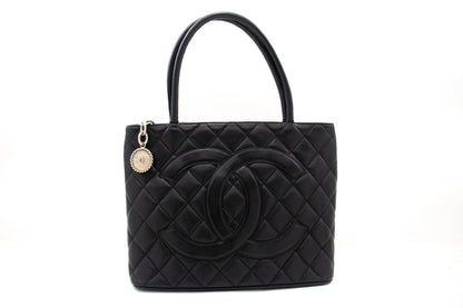 CHANEL Silver Medallion Caviar Shoulder Bag Shopping Tote Black SV k57