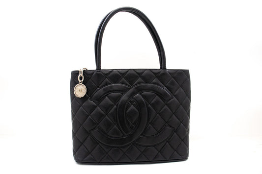 CHANEL Silver Medallion Caviar Shoulder Bag Shopping Tote Black SV k57