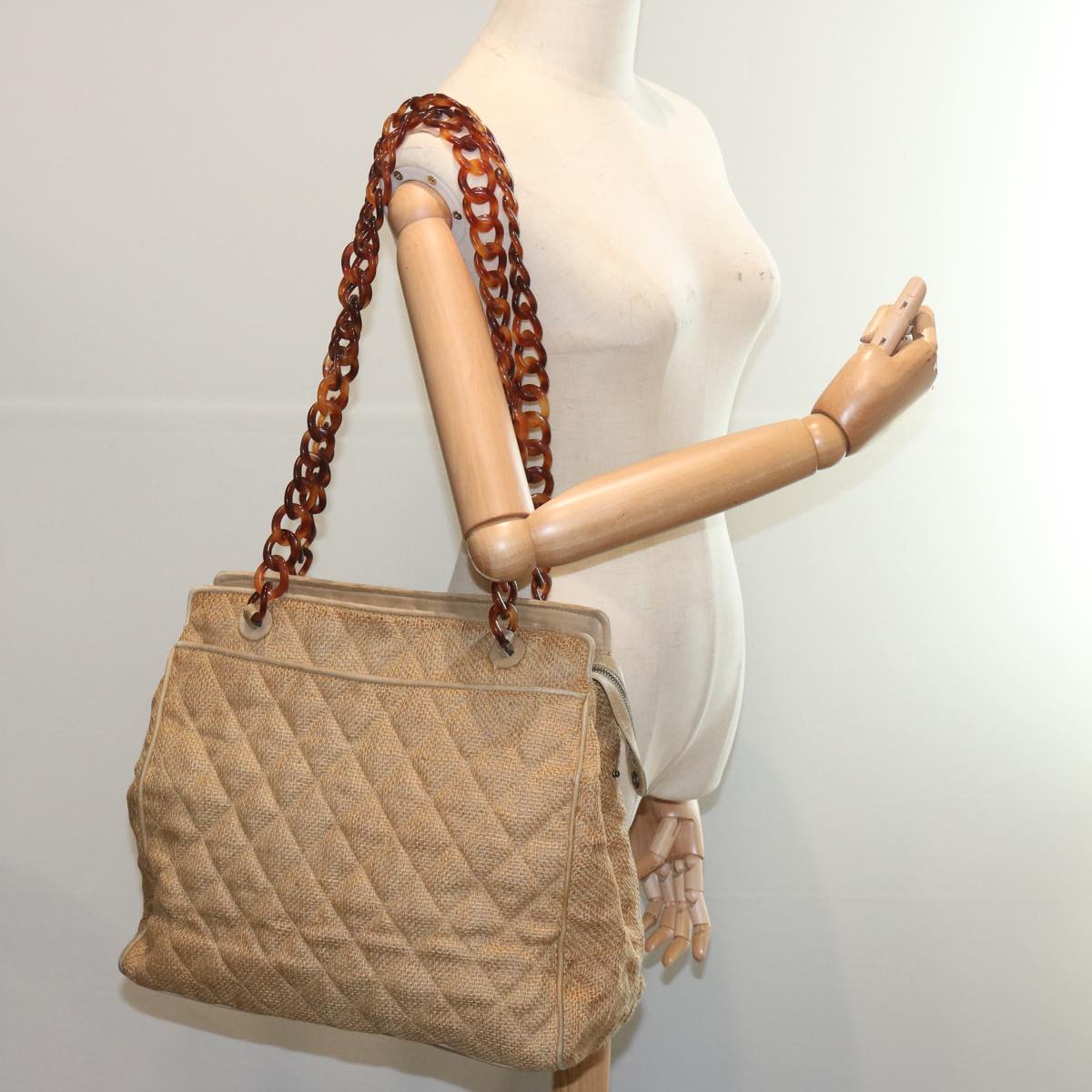 CHANEL Matelasse Tote Bag Straw Brown CC 66963