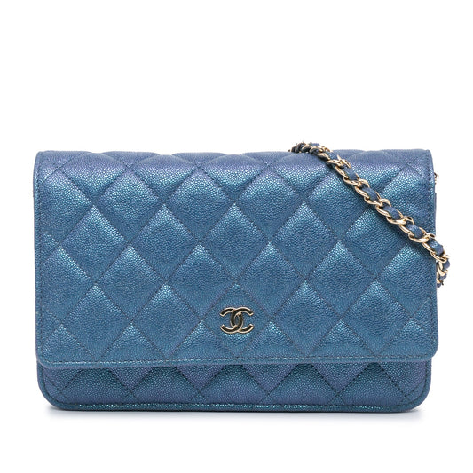 Blue Chanel CC Quilted Iridescent Caviar Wallet on Chain Crossbody Bag
