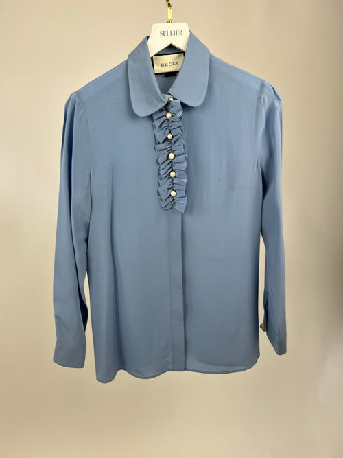 Gucci Blue Silk Ruffle Blouse with Pearl Buttons Size