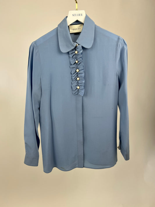 Gucci Blue Silk Ruffle Blouse with Pearl Buttons Size