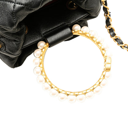 Black Chanel Quilted Lambskin Pearl Crown Drawstring Bucket Bag