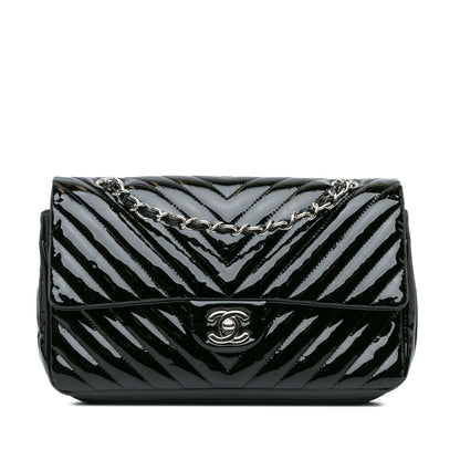 Black Chanel Medium Classic Chevron Patent Double Flap Shoulder Bag