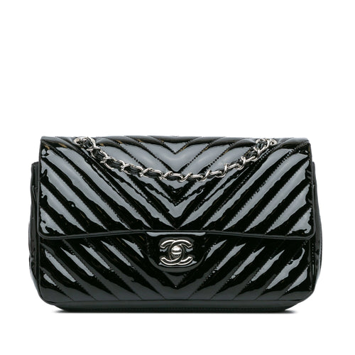 Black Chanel Medium Classic Chevron Patent Double Flap Shoulder Bag