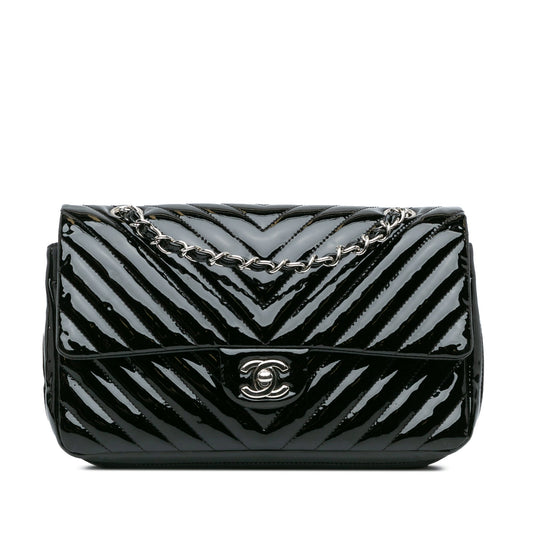 Black Chanel Medium Classic Chevron Patent Double Flap Shoulder Bag