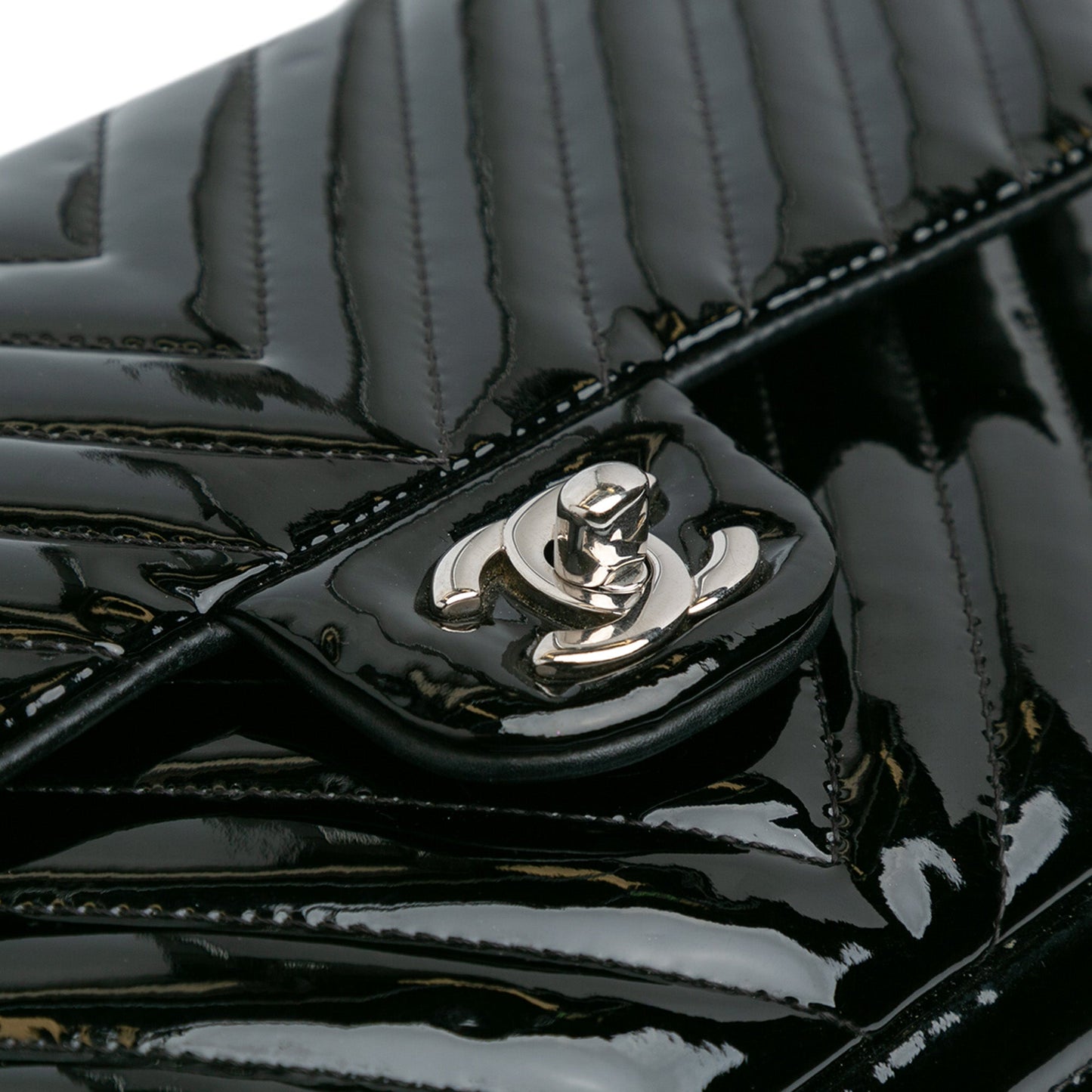 Black Chanel Medium Classic Chevron Patent Double Flap Shoulder Bag
