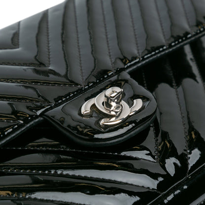 Black Chanel Medium Classic Chevron Patent Double Flap Shoulder Bag