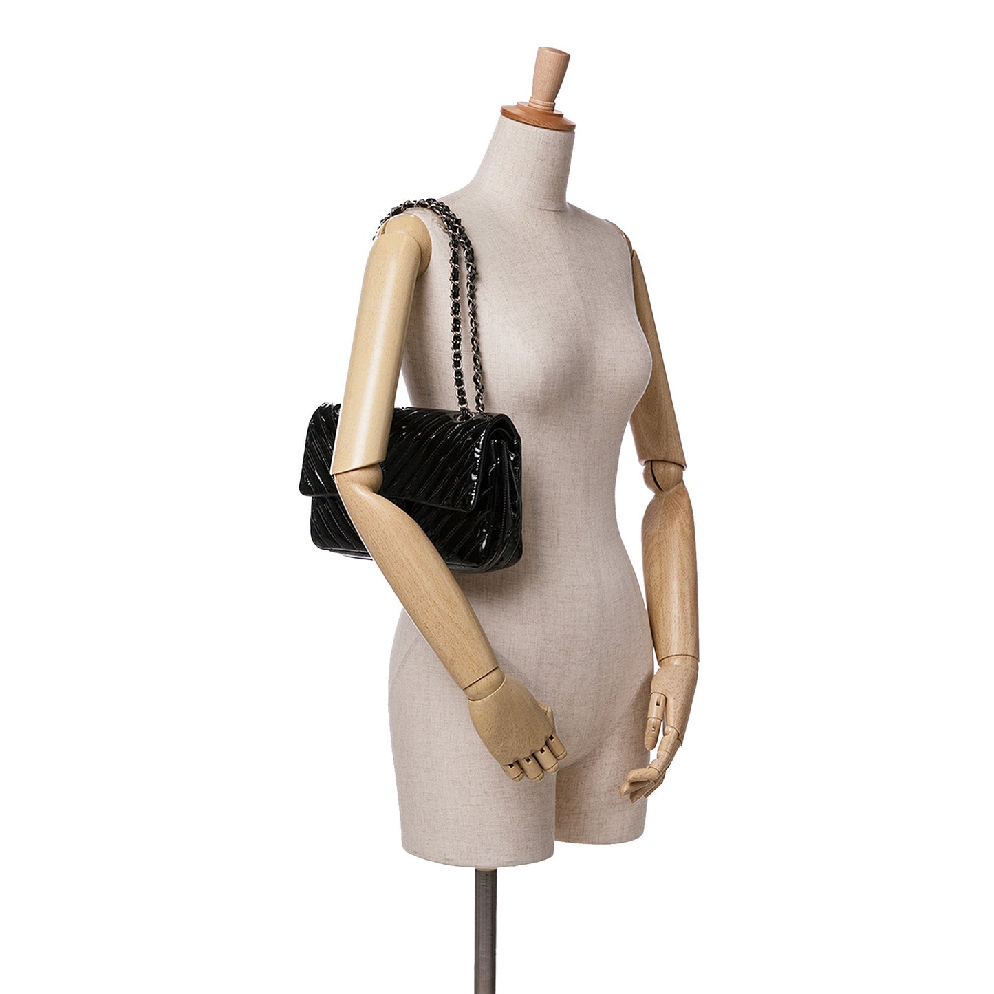 Black Chanel Medium Classic Chevron Patent Double Flap Shoulder Bag