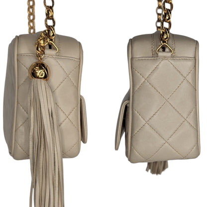 Chanel Vintage Cream Quilted Front Pocket Camera Tassel Bag