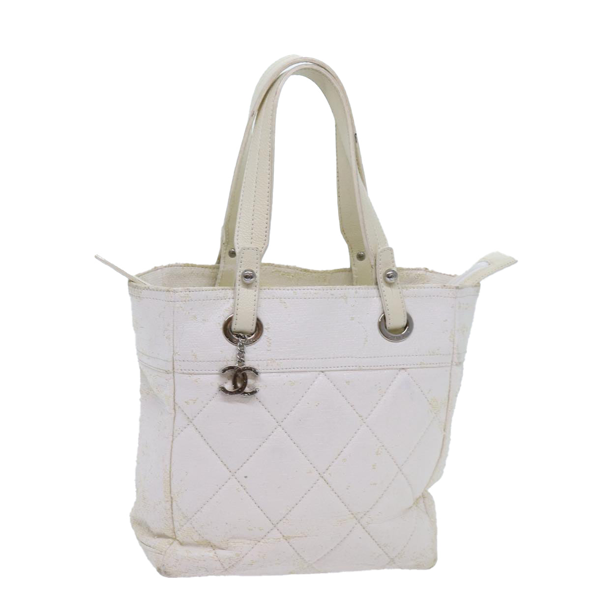 CHANEL Paris Biarritz PM Tote Bag Coated Canvas White CC 70278