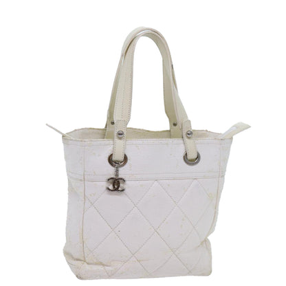 CHANEL Paris Biarritz PM Tote Bag Coated Canvas White CC 70278