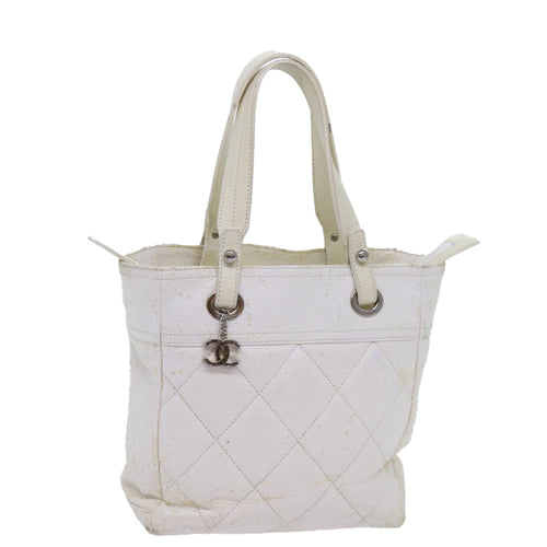 CHANEL Paris Biarritz PM Tote Bag Coated Canvas White CC 70278