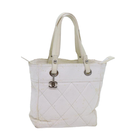 CHANEL Paris Biarritz PM Tote Bag Coated Canvas White CC 70278
