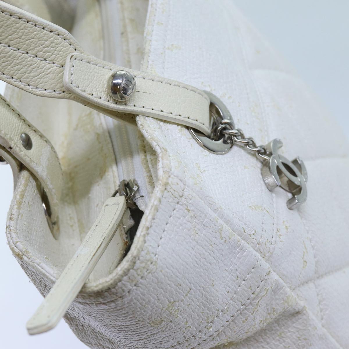 CHANEL Paris Biarritz PM Tote Bag Coated Canvas White CC 70278