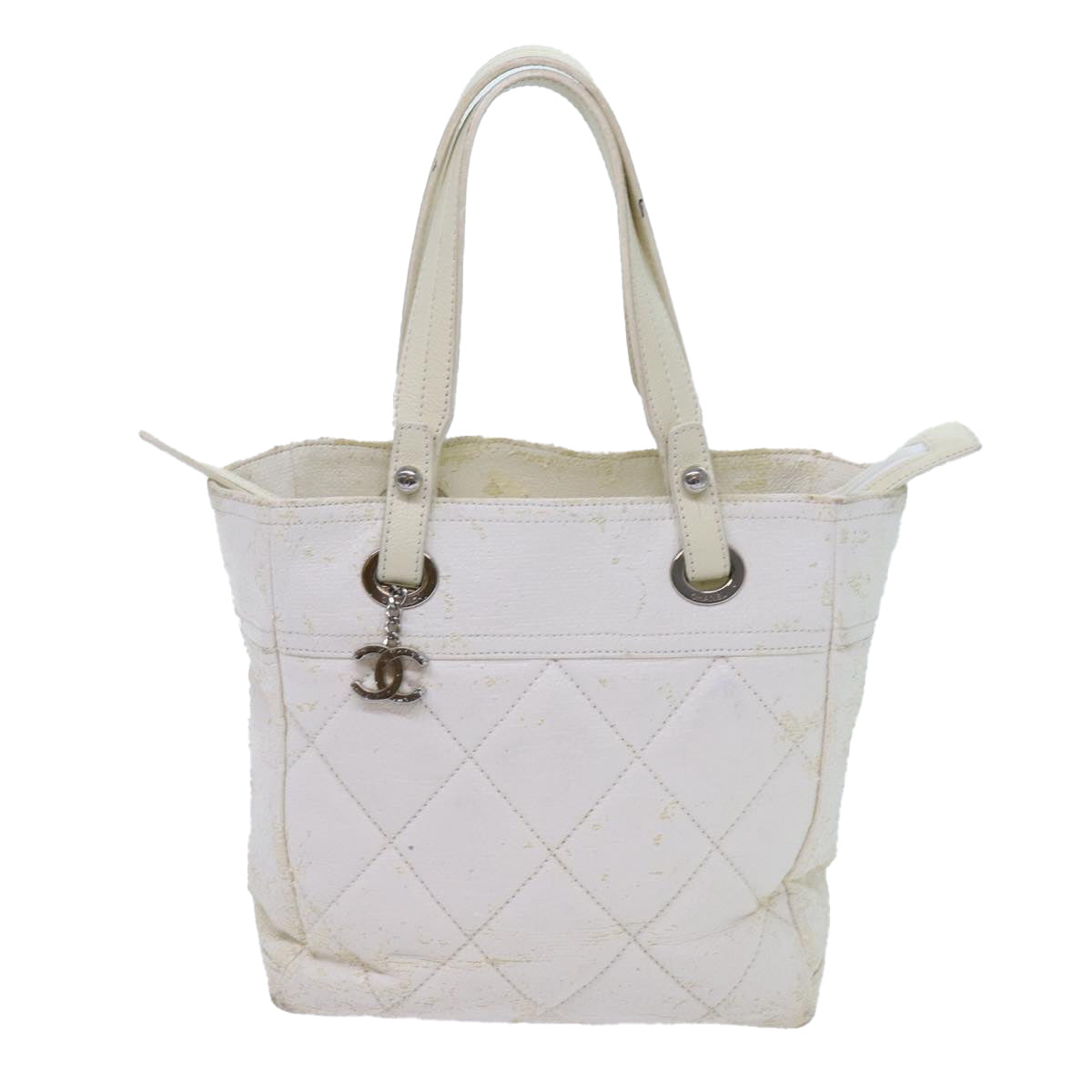 CHANEL Paris Biarritz PM Tote Bag Coated Canvas White CC 70278