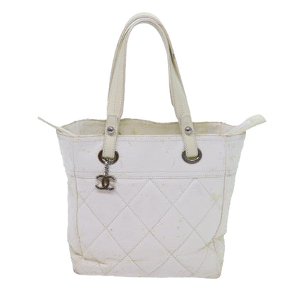 CHANEL Paris Biarritz PM Tote Bag Coated Canvas White CC 70278