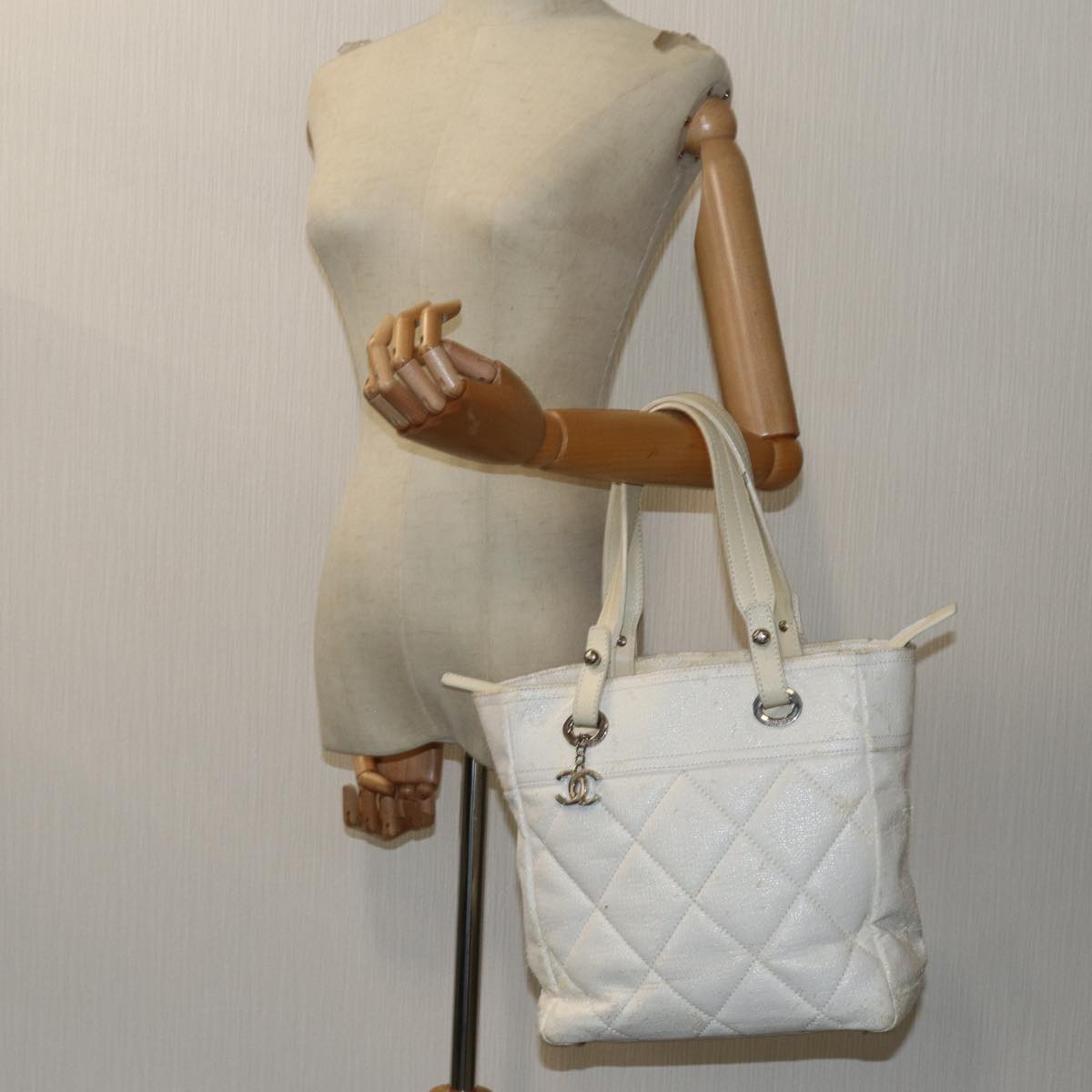 CHANEL Paris Biarritz PM Tote Bag Coated Canvas White CC 70278