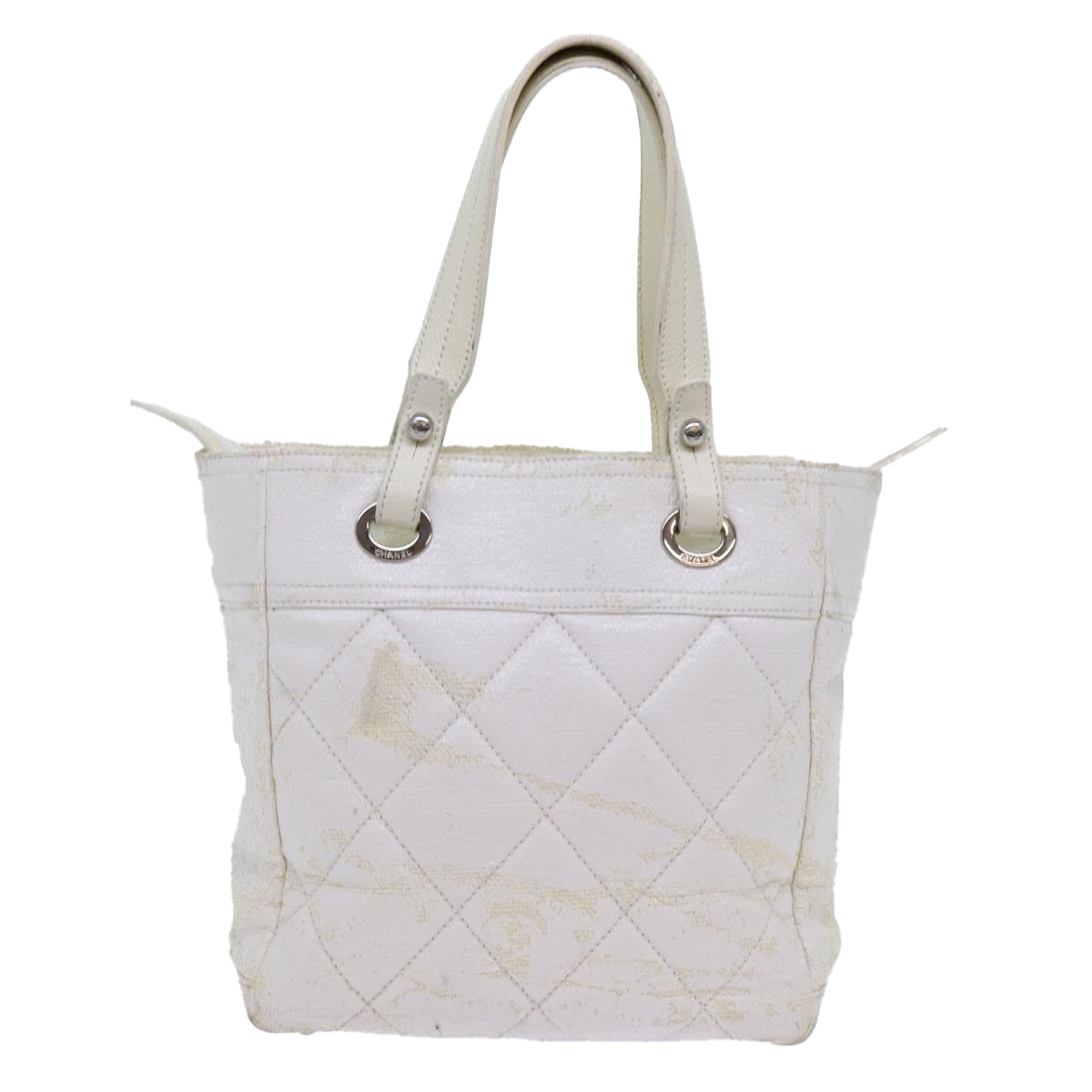 CHANEL Paris Biarritz PM Tote Bag Coated Canvas White CC 70278