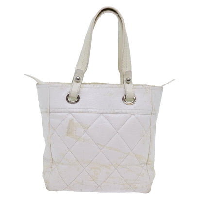 CHANEL Paris Biarritz PM Tote Bag Coated Canvas White CC 70278