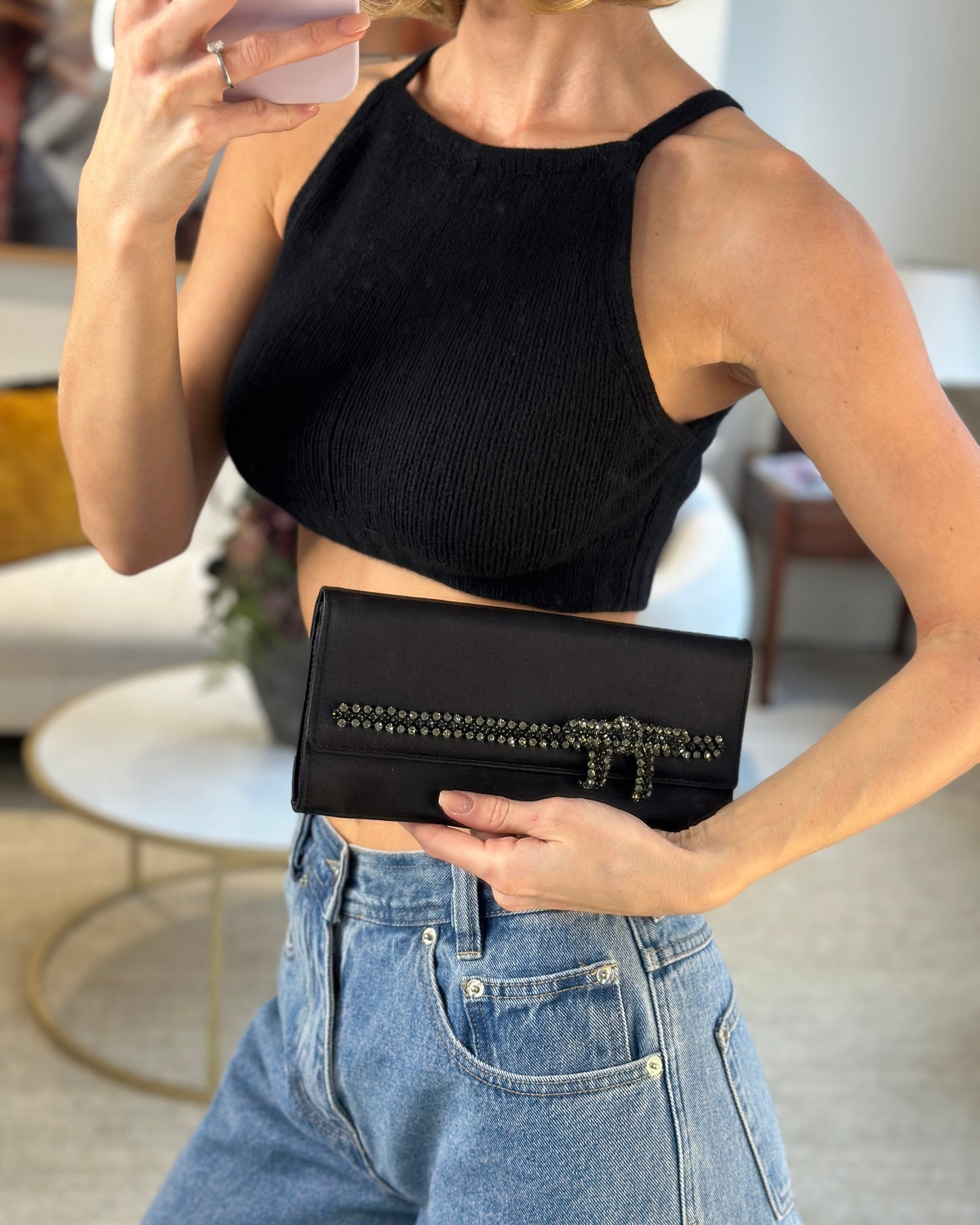 Gucci Black Rectangular Satin Clutch Bag with Embellished Bow Detail