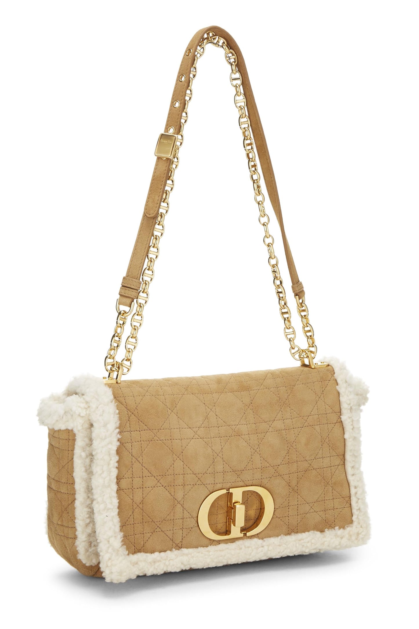 Dior, Beige Cannage Shearling Caro Bag Medium, Brown