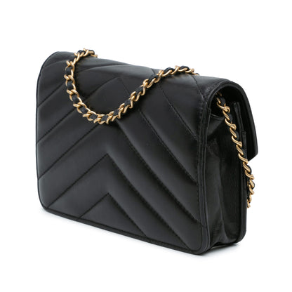 Black Chanel Chevron Lambskin Button Wallet On Chain Crossbody Bag