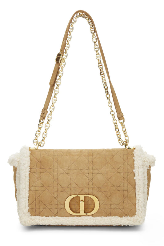Dior, Beige Cannage Shearling Caro Bag Medium, Brown