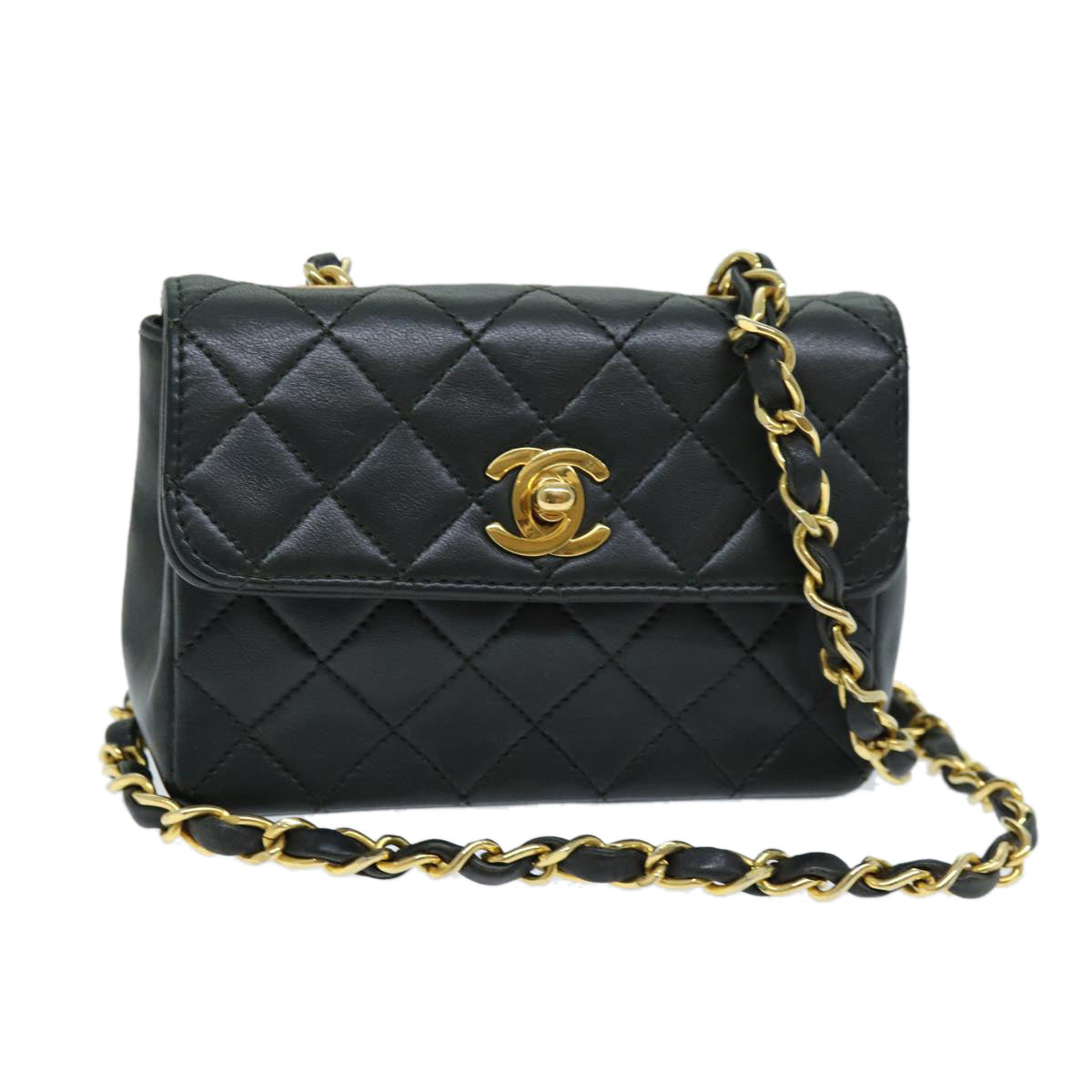 CHANEL Mini Matelasse Turn Lock Chain Bag Lamb Skin Black CC 72435A