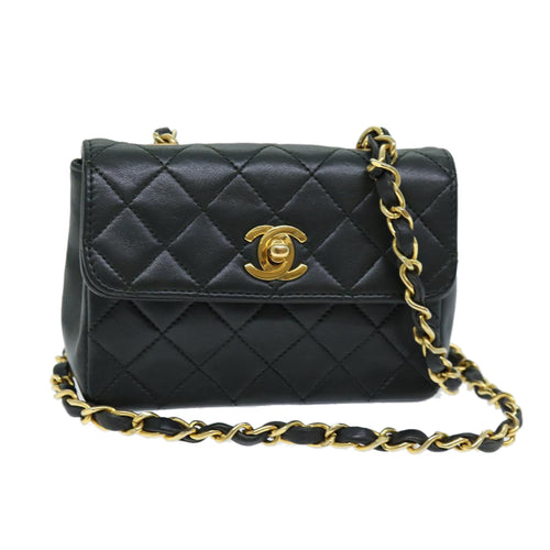 CHANEL Mini Matelasse Turn Lock Chain Bag Lamb Skin Black CC 72435A