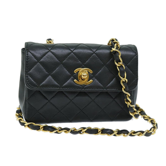 CHANEL Mini Matelasse Turn Lock Chain Bag Lamb Skin Black CC 72435A