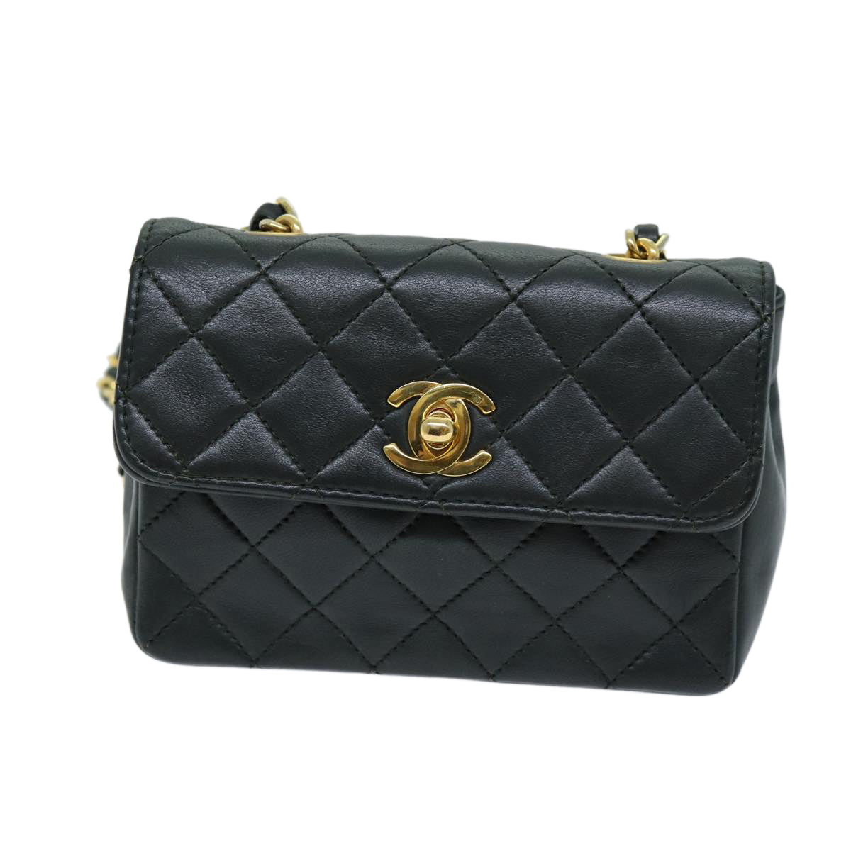 CHANEL Mini Matelasse Turn Lock Chain Bag Lamb Skin Black CC 72435A