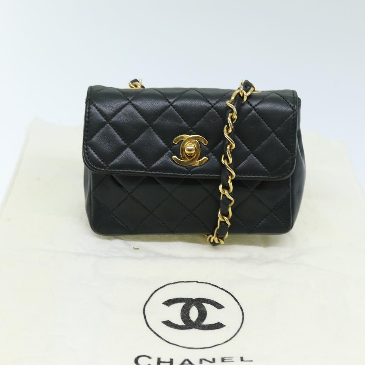 CHANEL Mini Matelasse Turn Lock Chain Bag Lamb Skin Black CC 72435A
